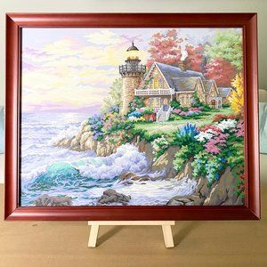 Framed Watercolor Painting Of A Lighthouse And A House By The Ocean